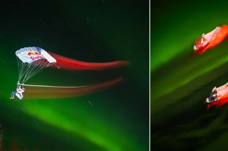 Red Bull Wingsuit Skydivers Capture Historic Flight Beneath the Aurora Borealis in Alaska